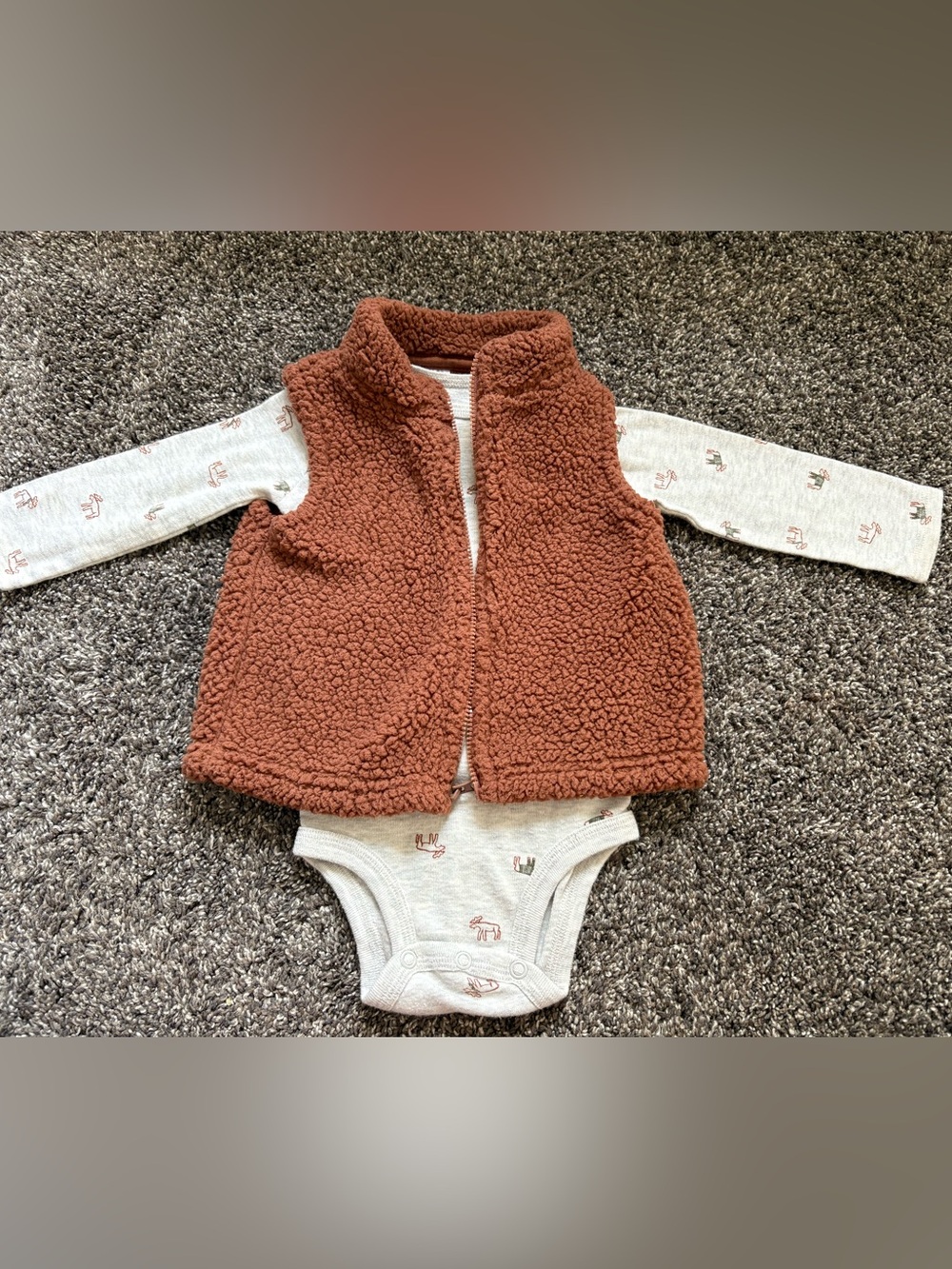 Carter's Rust Sherpa Vest and Reindeer Bodysuit